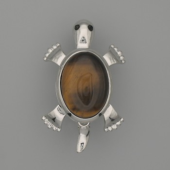 Brooch Pendant Turtle with Tiger's Eye 52x35mm± movable parts silver metal