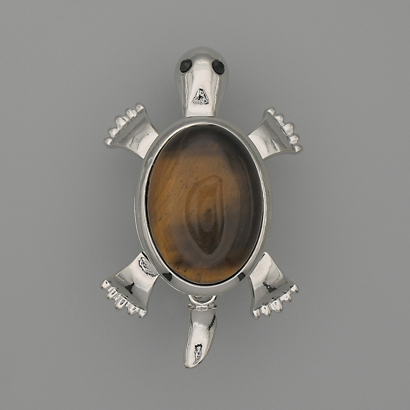 Brooch Pendant Turtle with Tiger's Eye 52x35mm± movable parts silver metal