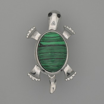 Brooch Pendant Turtle Malachite 52x35mm+- movable parts silver metal