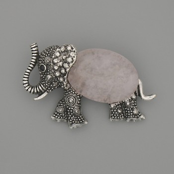 Brooch Pendant Elephant Pink Quartz 45x27mm+- black inlays silver metal