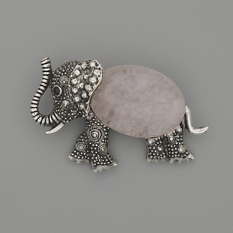 Brooch Pendant Elephant Pink Quartz 45x27mm+- black inlays silver metal