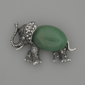 Brooch Pendant Elephant Jade 45x27mm± black crystals Silver-tone metal