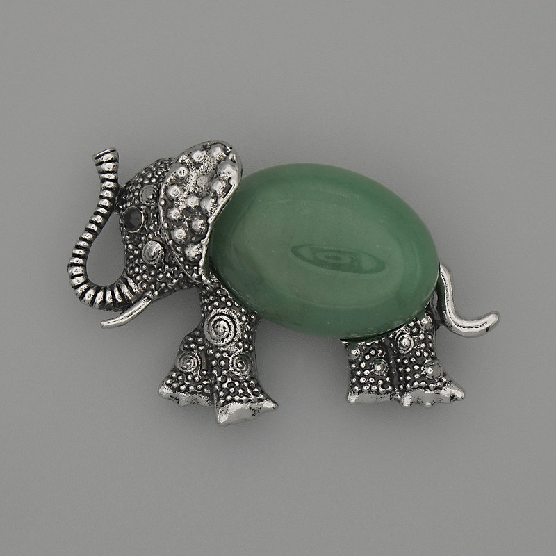Brooch Pendant Elephant Jade 45x27mm± black crystals Silver-tone metal