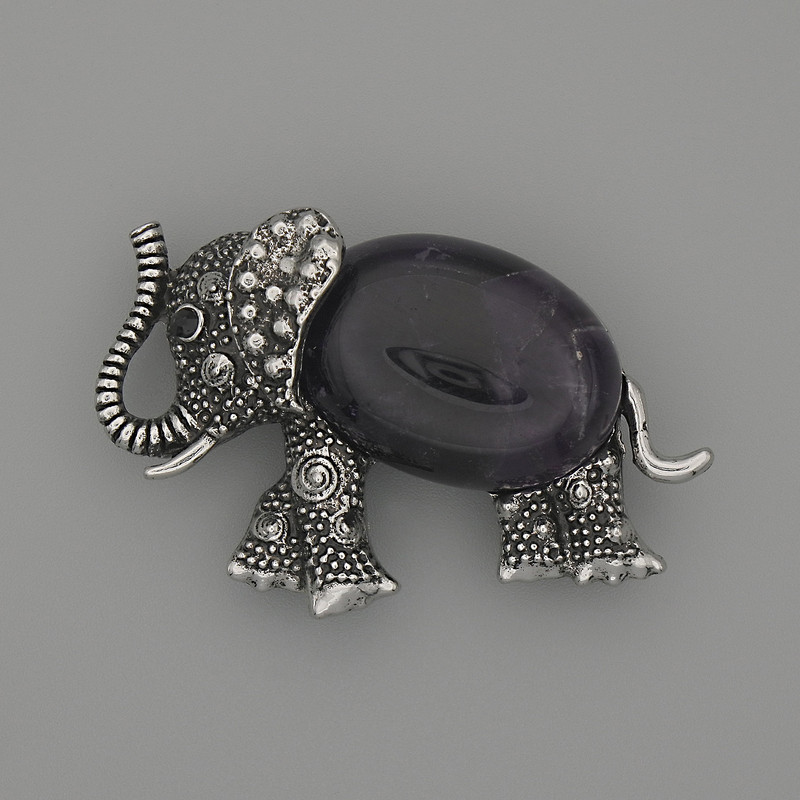 Brooch-Pendant Elephant Amethyst 45x27mm± black faceted stones, silver metal