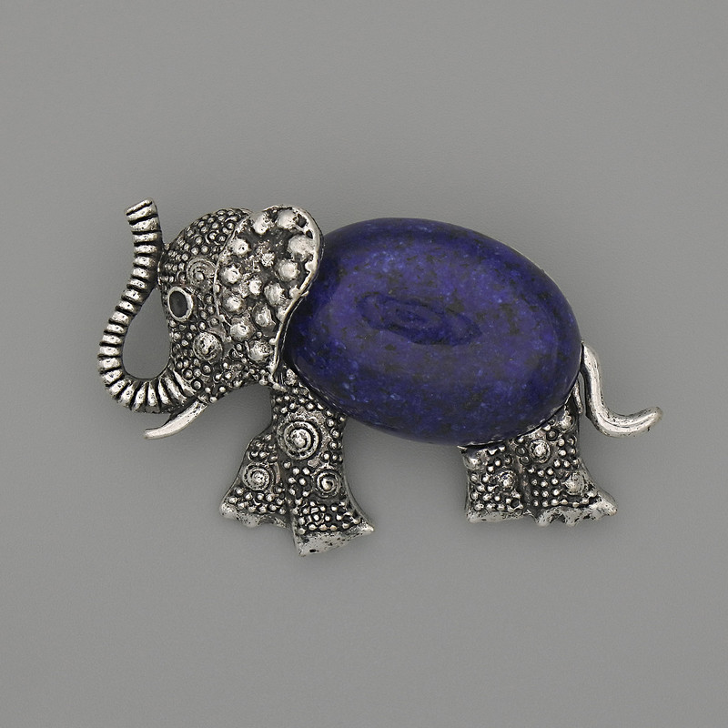 Brooch Pendant Elephant Lazurite 45x27mm± Black Onyx Silver Metal