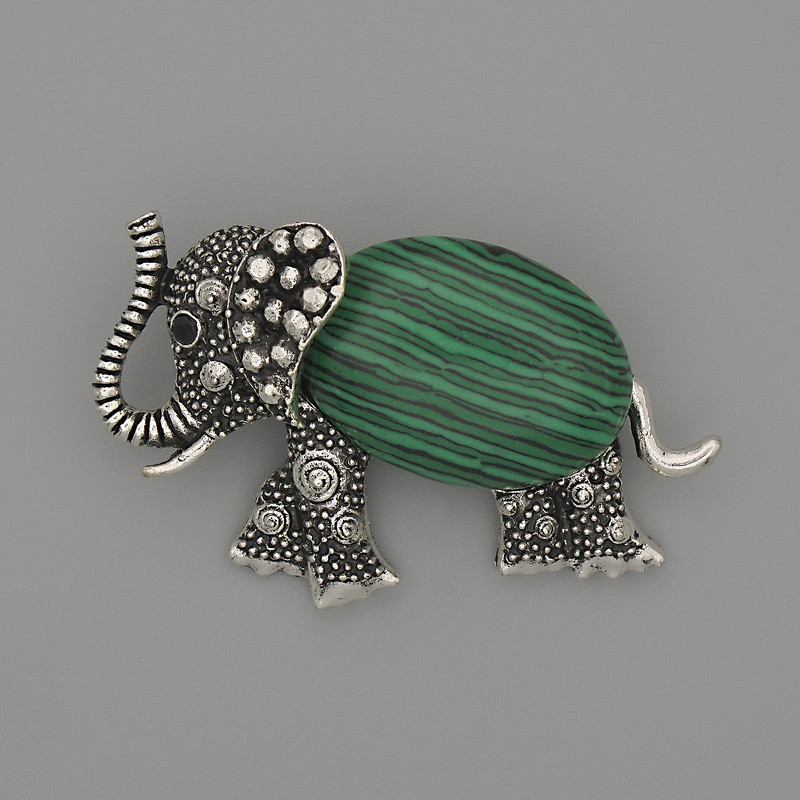 Brooch Pendant Elephant Malachite 45×27 mm± black beads silver metal