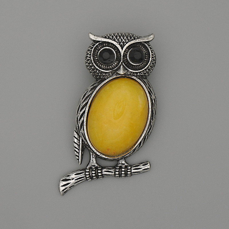 Brooch Pendant Owl Amber artificial 45x25mm+- black stones silver metal