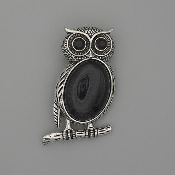 Brooch Pendant Owl Aventurine Night of Kaïra 45x25mm+- black rhinestones silver metal