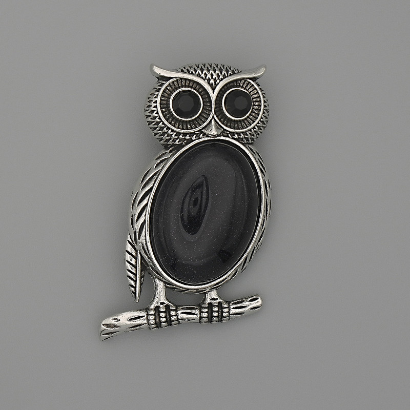Brooch Pendant Owl Aventurine Night of Kaïra 45x25mm+- black rhinestones silver metal