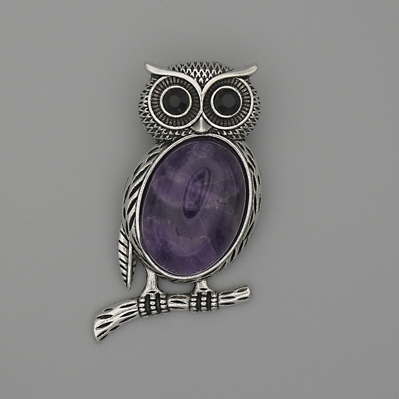 Brooch Pendant Owl with Amethyst 45x25mm+- black accents silver metal