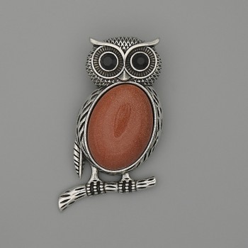 Brooch Pendant Owl Aventurine Golden Sand 45x25mm+- black rhinestones silver metal