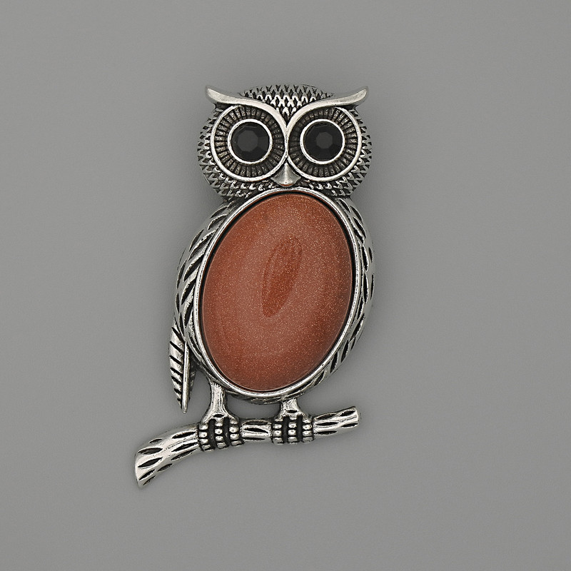 Brooch Pendant Owl Aventurine Golden Sand 45x25mm+- black rhinestones silver metal