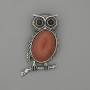 Brooch Pendant Owl Aventurine Golden Sand 45x25mm+- black rhinestones silver metal
