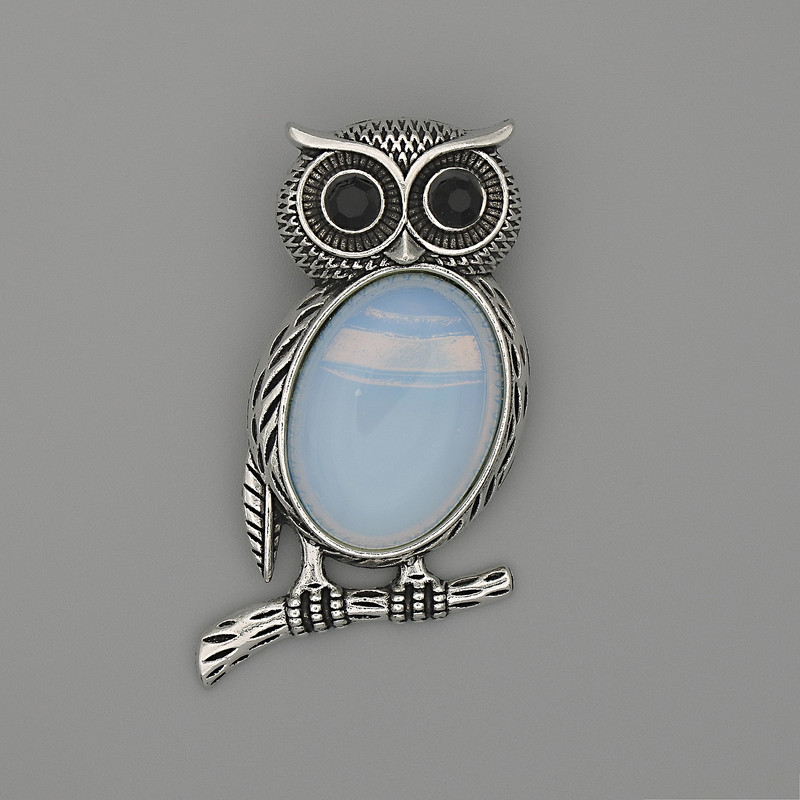 Brooch Pendant Owl with Moonstone 45x25mm± black facets silver metal