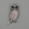 Brooch-Pendant Owl Pink Quartz 45x25mm± black faceted accents, silver-toned metal