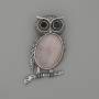 Brooch-Pendant Owl Pink Quartz 45x25mm± black faceted accents, silver-toned metal