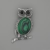 Brooch Pendant Owl Malachite 45x25mm+- dark facets silver metal