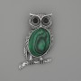 Brooch Pendant Owl Malachite 45x25mm+- dark facets silver metal