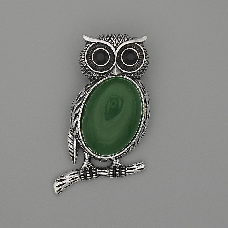 Brooch Pendant Owl Chrysoprase 45x25mm± black accents silver metal