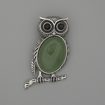 Brooch Pendant Owl Jade 45x25mm± black Crystalized silver metal