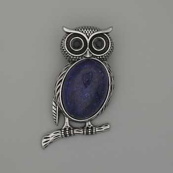 Brooch Pendant Owl Lapis Lazuli 45x25mm+- black, silver metal