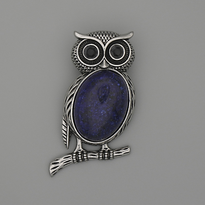Brooch Pendant Owl Lapis Lazuli 45x25mm+- black, silver metal