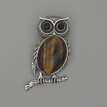 Brooch Pendant Owl with Tiger's Eye 45×25mm± black with silver metal