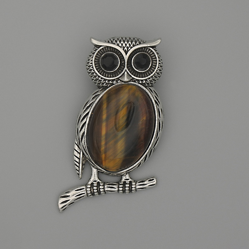 Brooch Pendant Owl with Tiger's Eye 45×25mm± black with silver metal