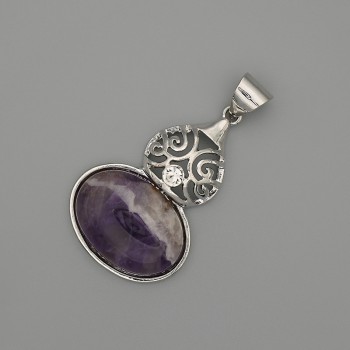 Amethyst Cabochon Pendant 50×28mm ± Silver Metal