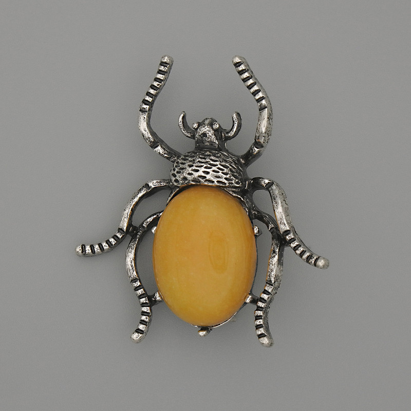 Brooch Pendant Beetle Pendant with Artificial Amber, 44x37mm, silver metal