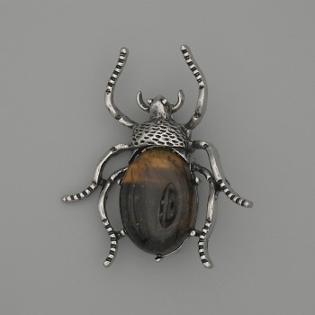 Brooch Pendant Beetle Tiger's Eye 44x37mm± Silver Metal