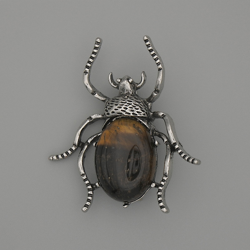 Brooch Pendant Beetle Tiger's Eye 44x37mm± Silver Metal