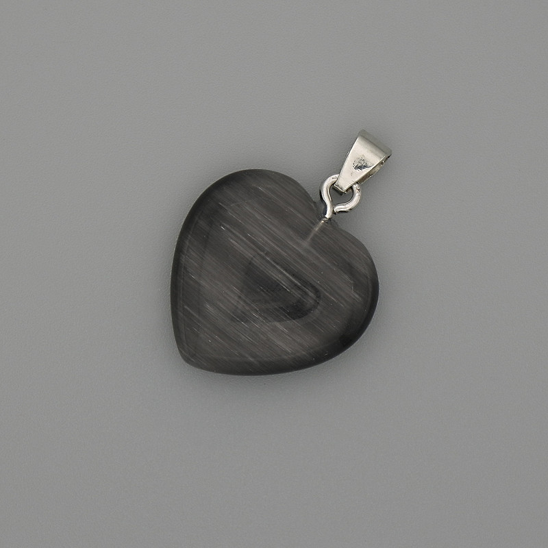 Pendant Heart Dark Gray Cat's Eye Silver Metal, 20x20mm± diameter, length 30mm±