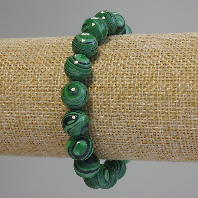 Malachite Bracelet Smooth Beads 10mm, 18cm length, stretch
