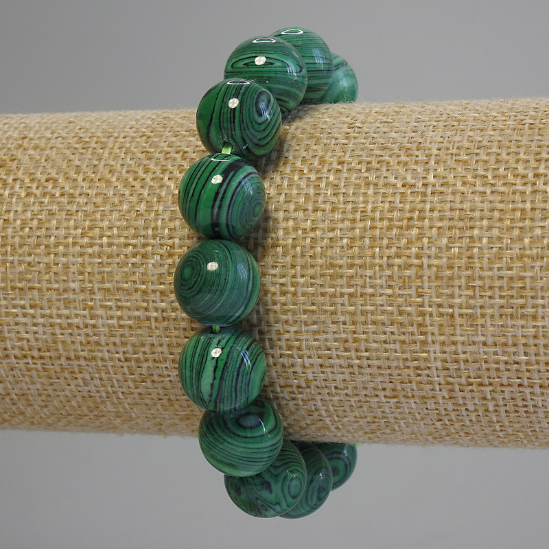 Malachite Bracelet Smooth Round Beads 12mm +/-, Length 18cm +/- (stretch)