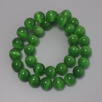 Cat’s Eye Beads Green Synthetic Stone Smooth Round, 12mm diameter ± on thread, length 38cm+