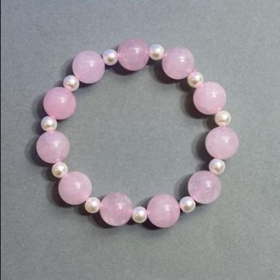 Bracelet Pink Quartz Smooth Beads, 12mm± diameter + Faux Pearls 6mm±, length 18cm±, stretch