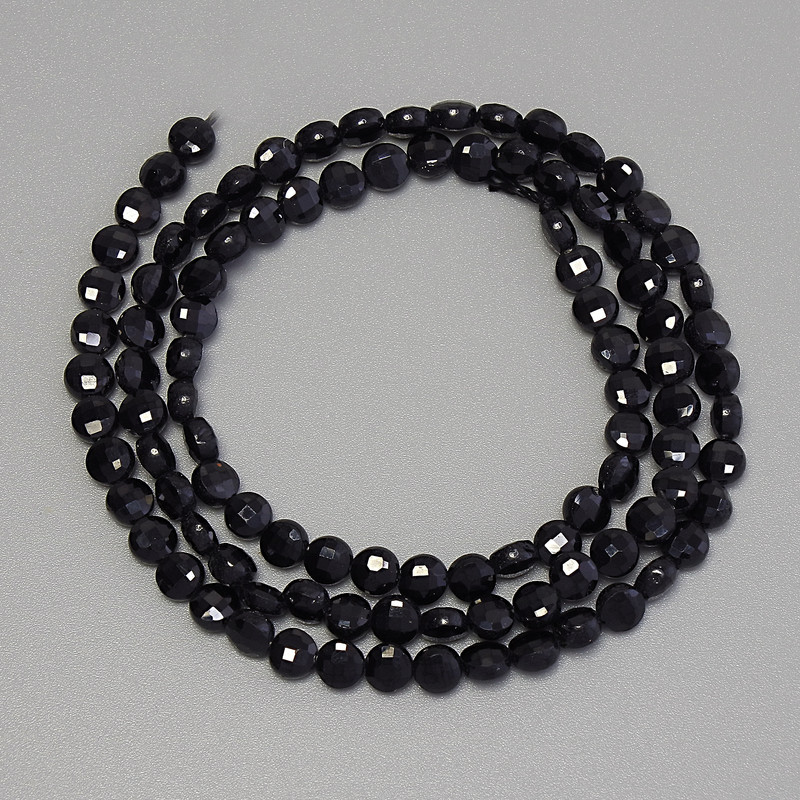 Black Tourmaline Beads, Faceted Coin Shape, 4mm diameter ± on a thread, 39cm length +