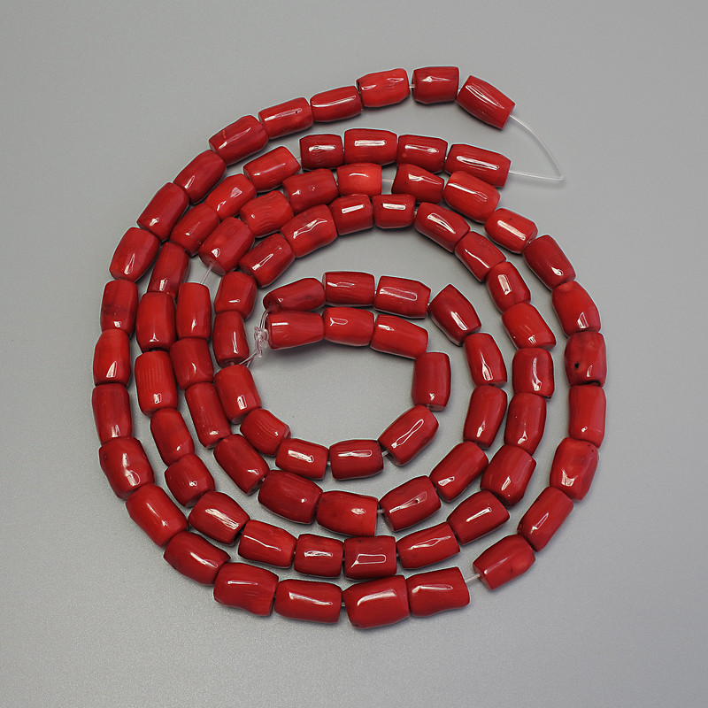 Red Coral Beads, Cabochon Cut, 12-22×8-10 mm, on thread, length ~120 cm