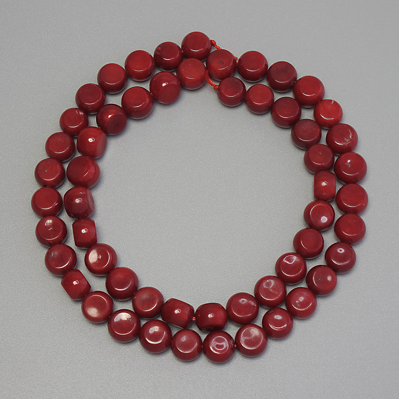 Red Coral Coin Beads, 7mm diameter ±, 5mm thick ± on thread, 40cm length ±