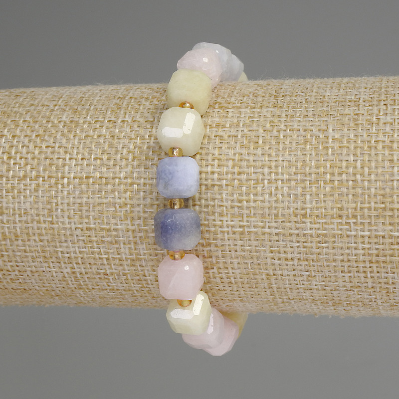 Morganite Bead Bracelet, Faceted Cube 9 mm±, Beads 3 mm±, 18 cm± Stretch