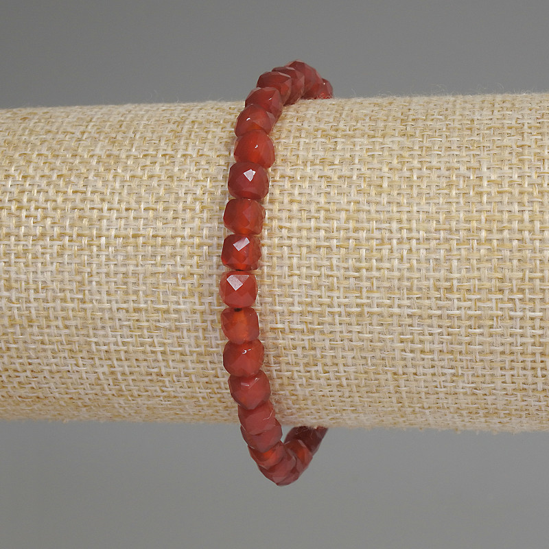 Carnelian Bead Bracelet with Faceted Cubes, 5mm diameter, 18cm length, stretch