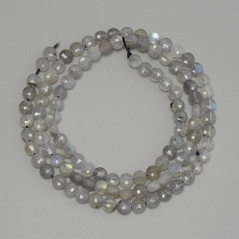 Labradorite Beads, Faceted Coin Shape, 4 mm Ø, 39 cm ± Thread Length