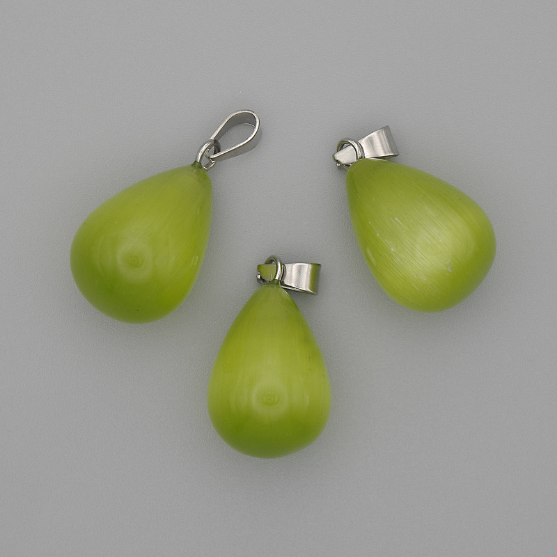 Droplet Pendant of Green Cat's Eye 19x13mm±, length 29mm±