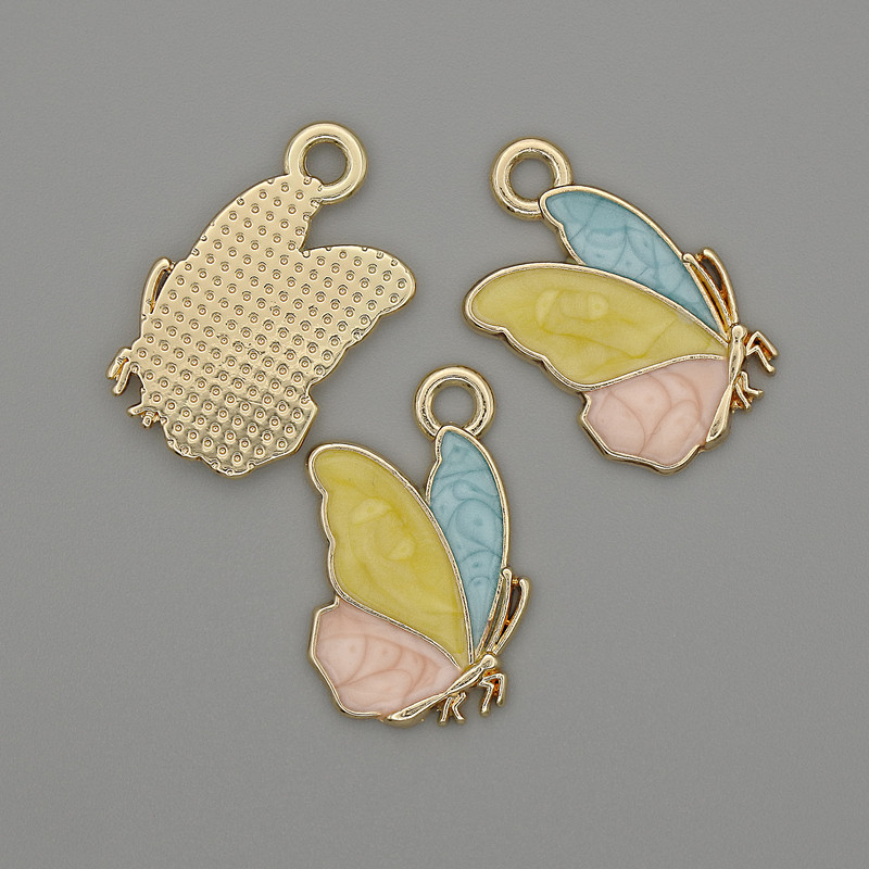 Pendant Charm Butterfly with colored enamel in golden metal, diameter 22×13 mm ±, set of 3