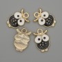 Pendant Owl with White and Black Enamel on Gold-Tone Metal, 12×19 mm ±, pack of 4