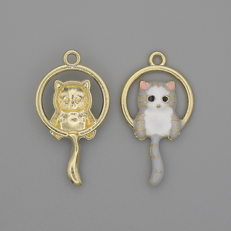 Pendant Cat White and Gray Enamel on Gold Toned Metal, 15x27mm±, Pack of 2