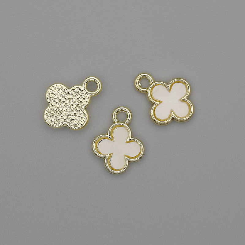 Pendant Charm Clover with Mother-of-P pearl Golden Metal, diameter 10x12mm±, set of 3