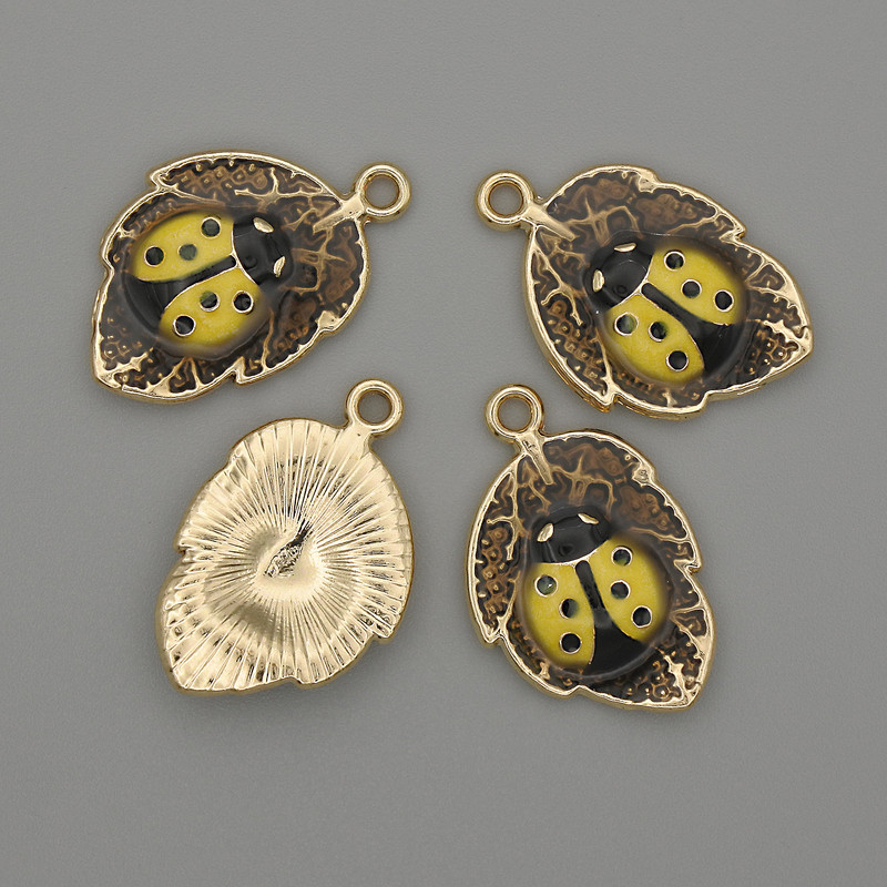 Pendant Sunflower on Leaf Yellow Enamel Gold-Toned Metal, 14x22mm ±, Pack of 4