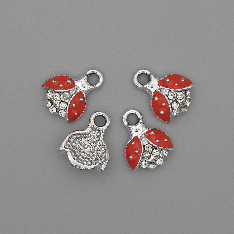 Pendant Sun with Rhinestones Red Enamel Silver-Colored Metal, diameter 10x12mm+- pack of 4
